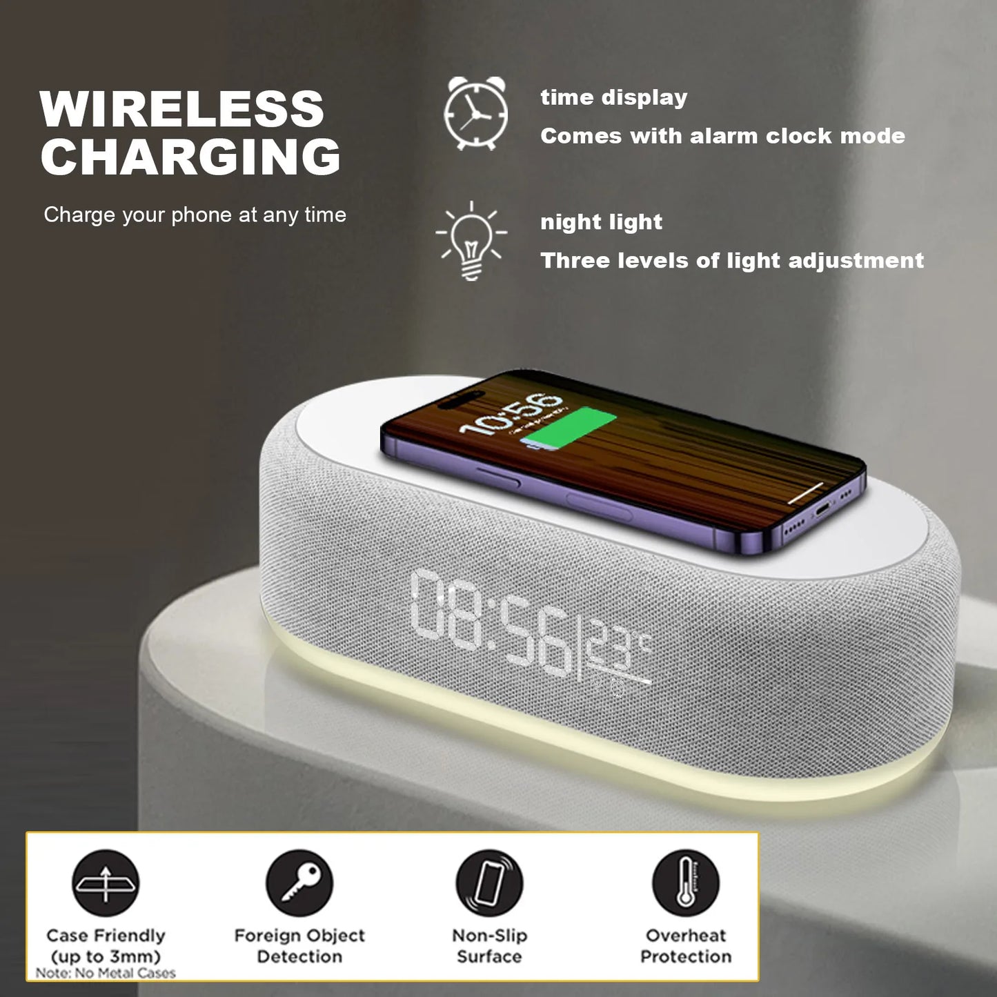 Fast Wireless Charger Alarm Clock Time LED Light Thermometer for Iphone 16 15 14 13 12 Charging Dock Station for Samsung S24 S23