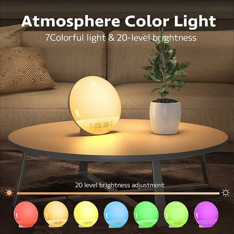 Sunrise Sunset Simulation Awakening Alarm Clock with Colorful Atmosphere Light and FM Radio Function.Relaxed Natural Sound Tunes