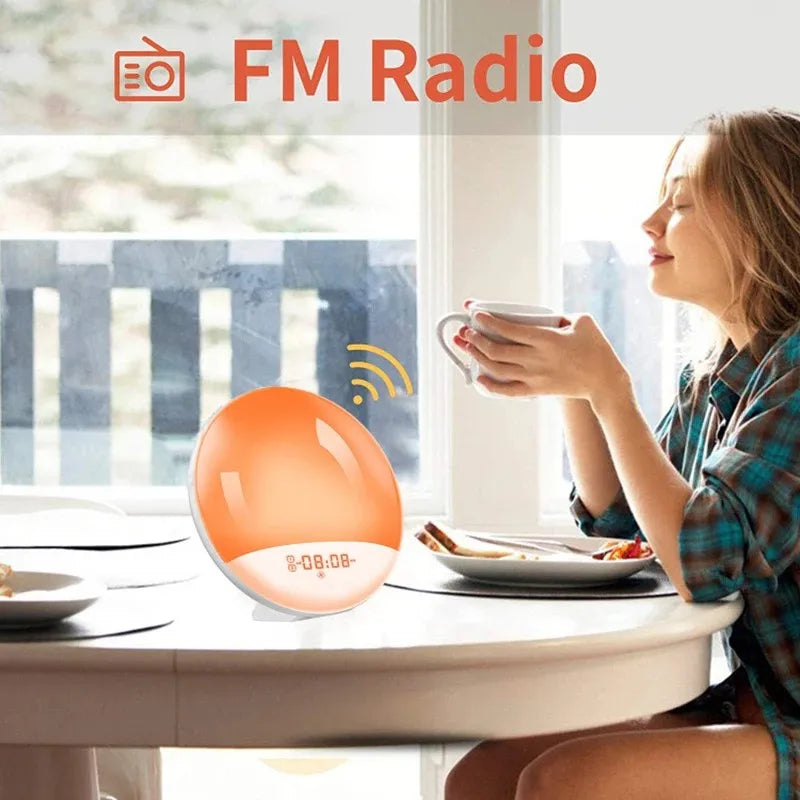 Sunrise Sunset Simulation Awakening Alarm Clock with Colorful Atmosphere Light and FM Radio Function.Relaxed Natural Sound Tunes